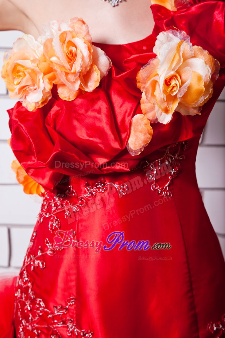Red One Shoulder Appliques and Hand Made Flowers Prom Dress with Brush Train