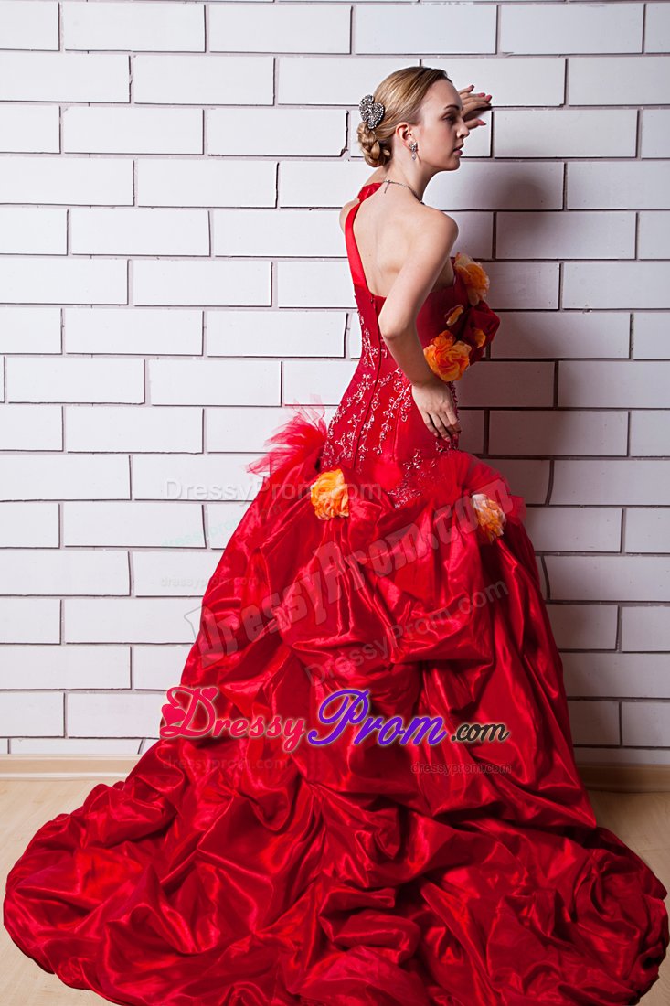 Red One Shoulder Appliques and Hand Made Flowers Prom Dress with Brush Train