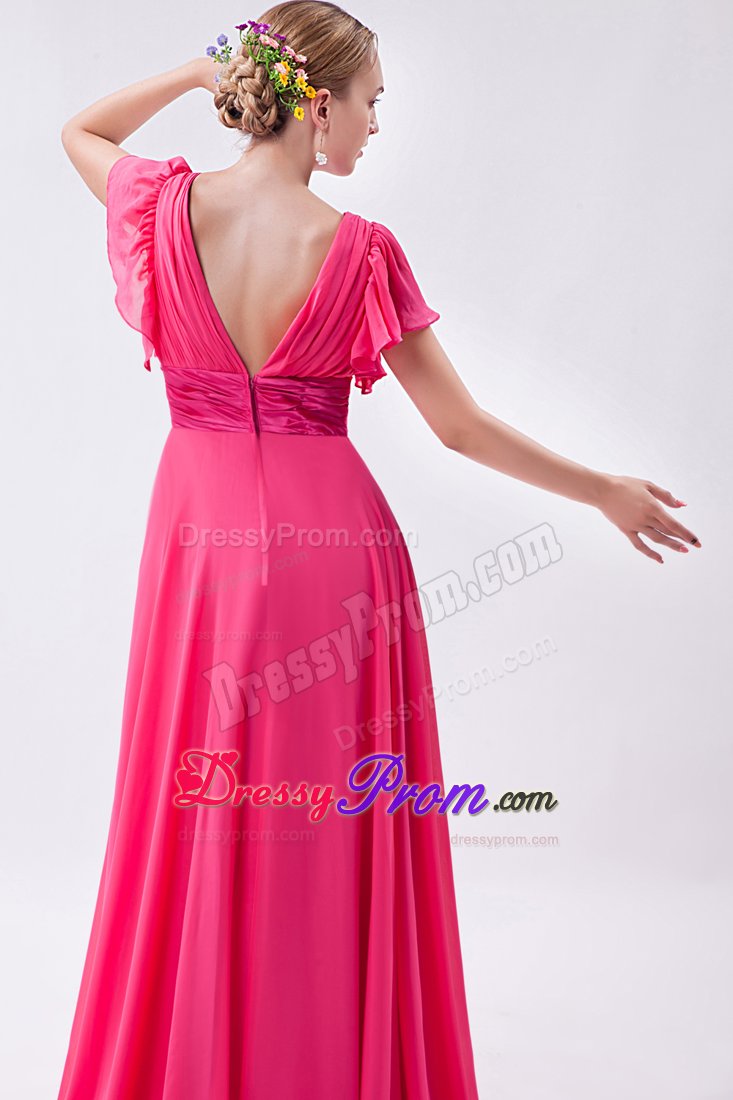 Hot Pink V-neck Butterfly Sleeves Junior Prom Dress with Fitted Sash