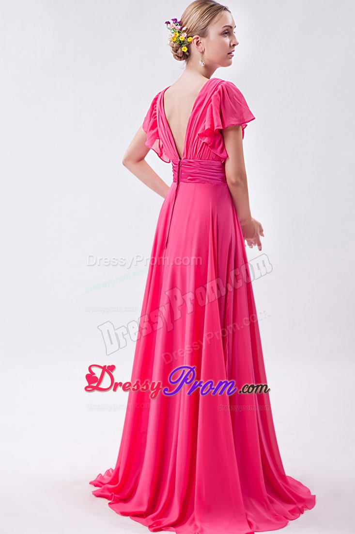 Hot Pink V-neck Butterfly Sleeves Junior Prom Dress with Fitted Sash