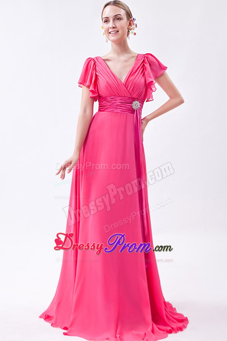 Hot Pink V-neck Butterfly Sleeves Junior Prom Dress with Fitted Sash