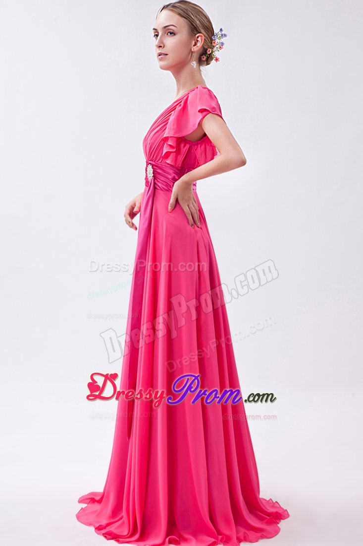 Hot Pink V-neck Butterfly Sleeves Junior Prom Dress with Fitted Sash