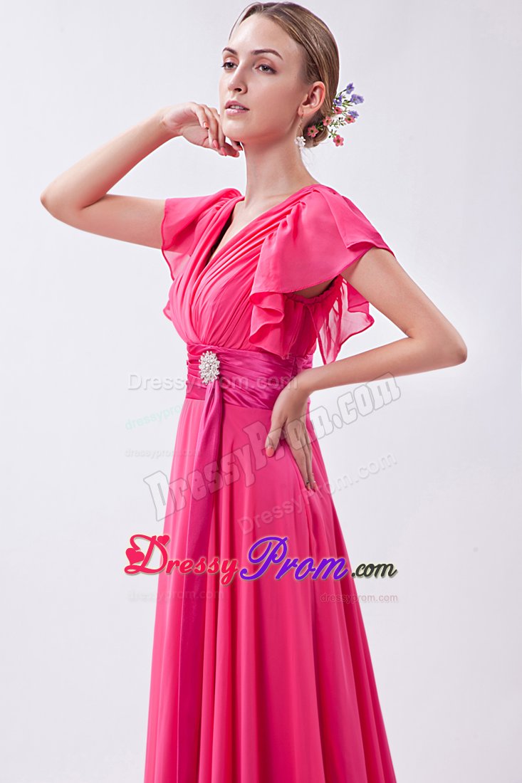 Hot Pink V-neck Butterfly Sleeves Junior Prom Dress with Fitted Sash