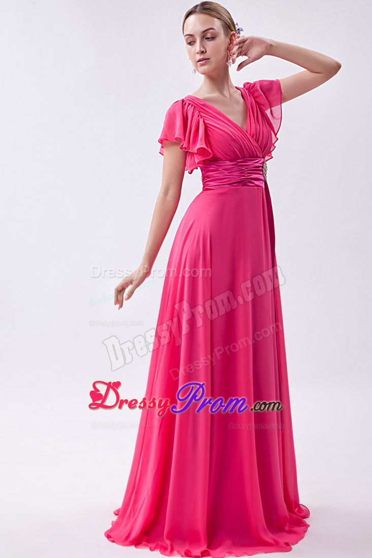 Hot Pink V-neck Butterfly Sleeves Junior Prom Dress with Fitted Sash