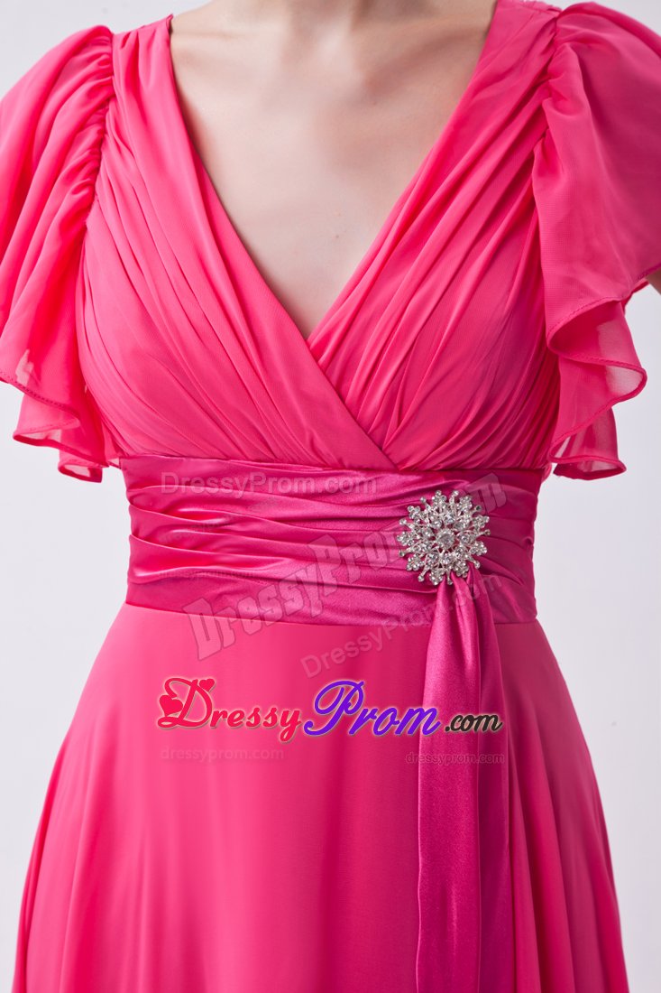 Hot Pink V-neck Butterfly Sleeves Junior Prom Dress with Fitted Sash