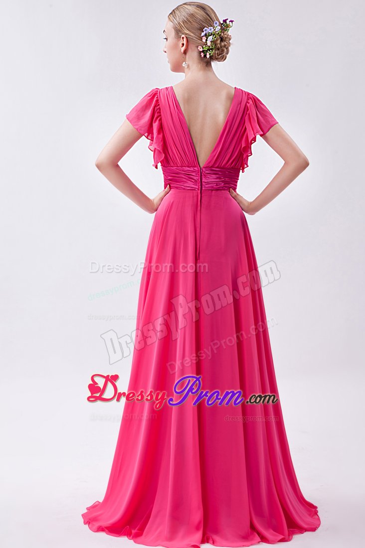 Hot Pink V-neck Butterfly Sleeves Junior Prom Dress with Fitted Sash
