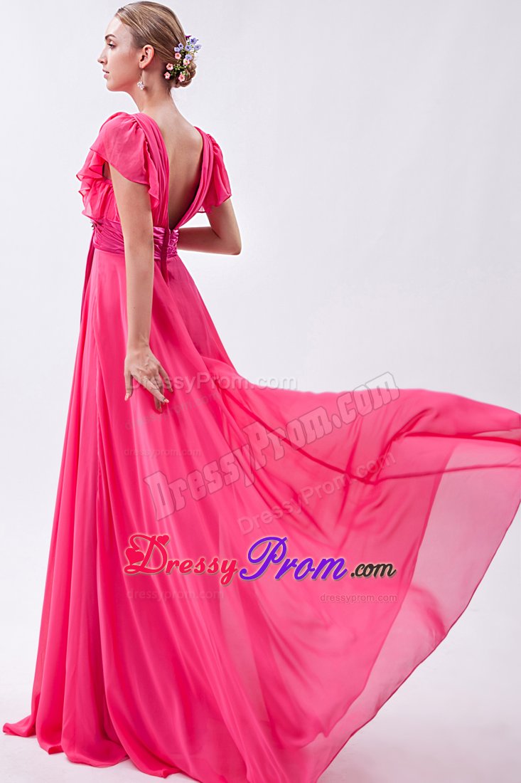 Hot Pink V-neck Butterfly Sleeves Junior Prom Dress with Fitted Sash