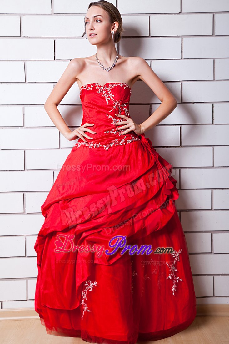 Prom Dress Appliques Floor-length in Red A-line Strapless
