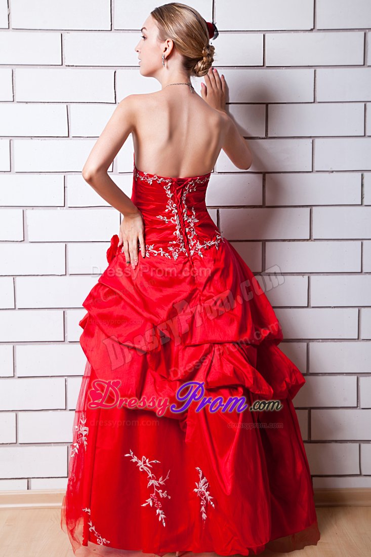 Prom Dress Appliques Floor-length in Red A-line Strapless