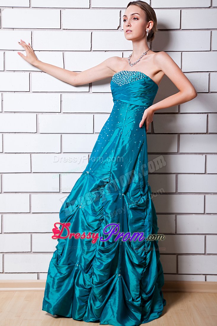 Teal A-line Strapless Beading Pick-up Dress For Prom Queen