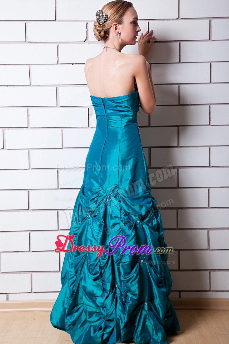 Teal A-line Strapless Beading Pick-up Dress For Prom Queen