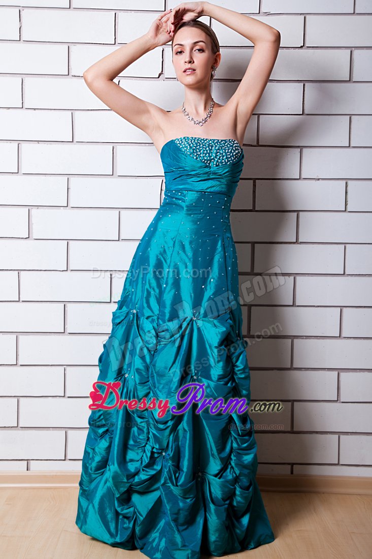 Teal A-line Strapless Beading Pick-up Dress For Prom Queen