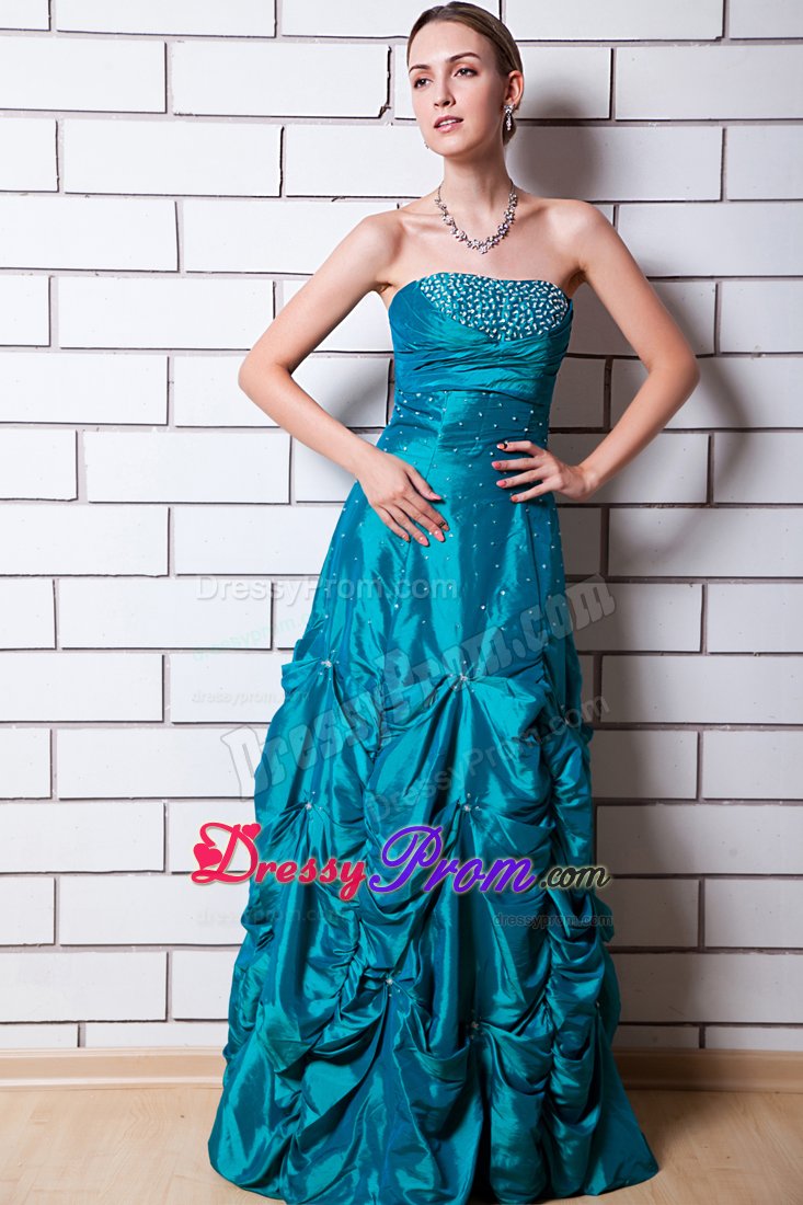 Teal A-line Strapless Beading Pick-up Dress For Prom Queen