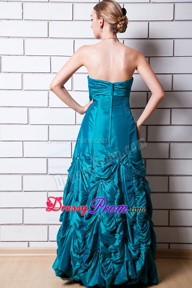 Teal A-line Strapless Beading Pick-up Dress For Prom Queen