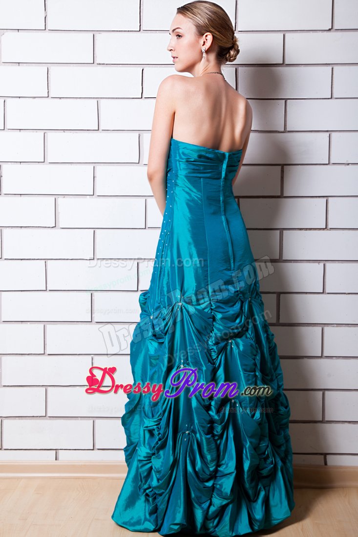Teal A-line Strapless Beading Pick-up Dress For Prom Queen