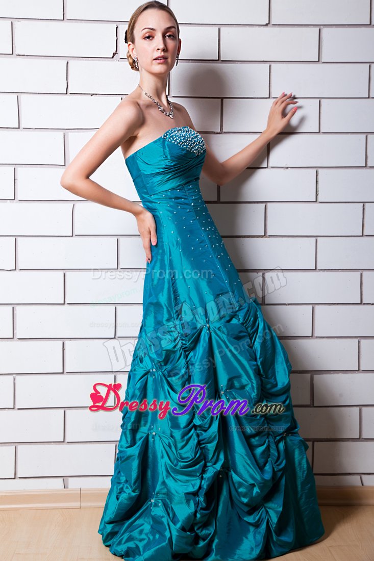 Teal A-line Strapless Beading Pick-up Dress For Prom Queen