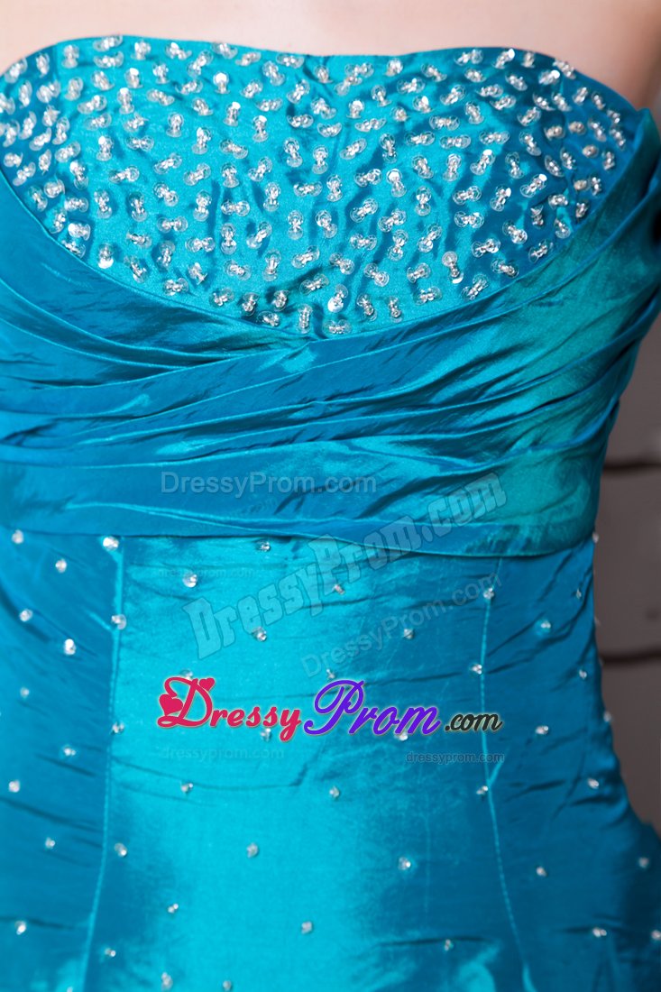 Teal A-line Strapless Beading Pick-up Dress For Prom Queen