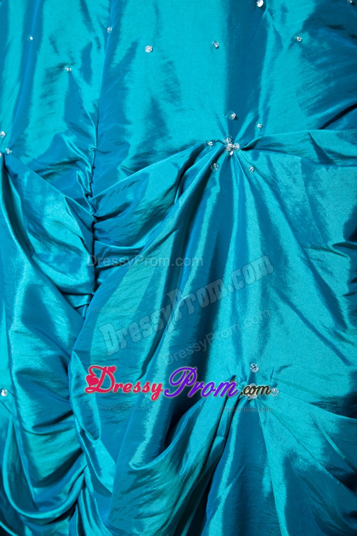 Teal A-line Strapless Beading Pick-up Dress For Prom Queen