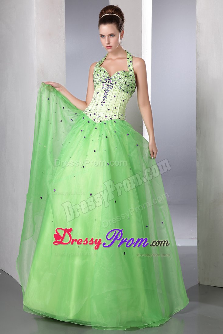 Spring Green A-line Halter Beading Floor-length Formal Dresses