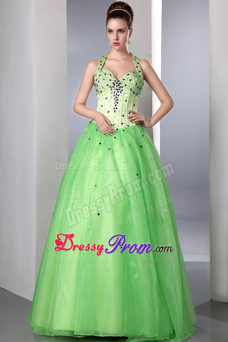 Spring Green A-line Halter Beading Floor-length Formal Dresses