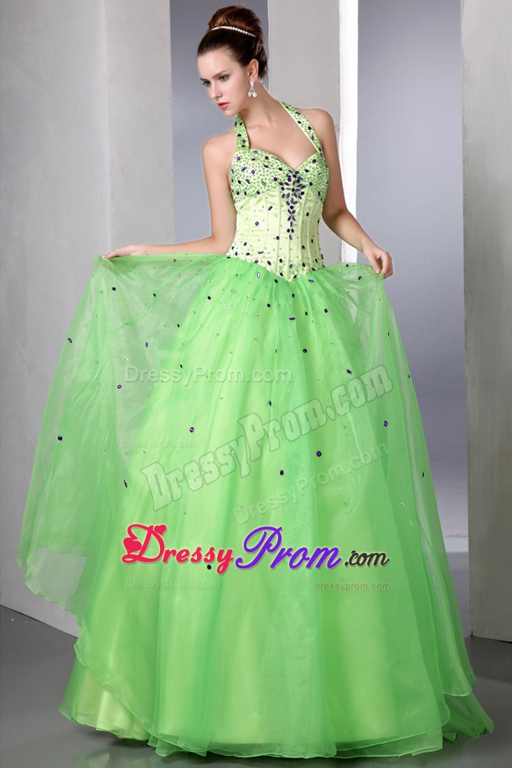 Spring Green A-line Halter Beading Floor-length Formal Dresses