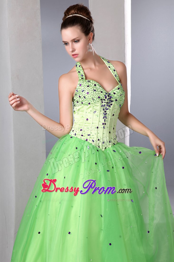 Spring Green A-line Halter Beading Floor-length Formal Dresses