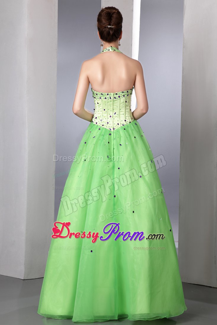 Spring Green A-line Halter Beading Floor-length Formal Dresses