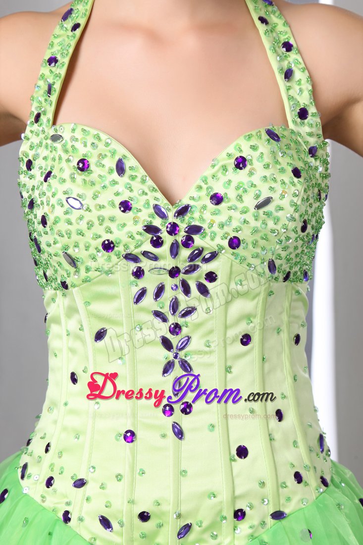 Spring Green A-line Halter Beading Floor-length Formal Dresses