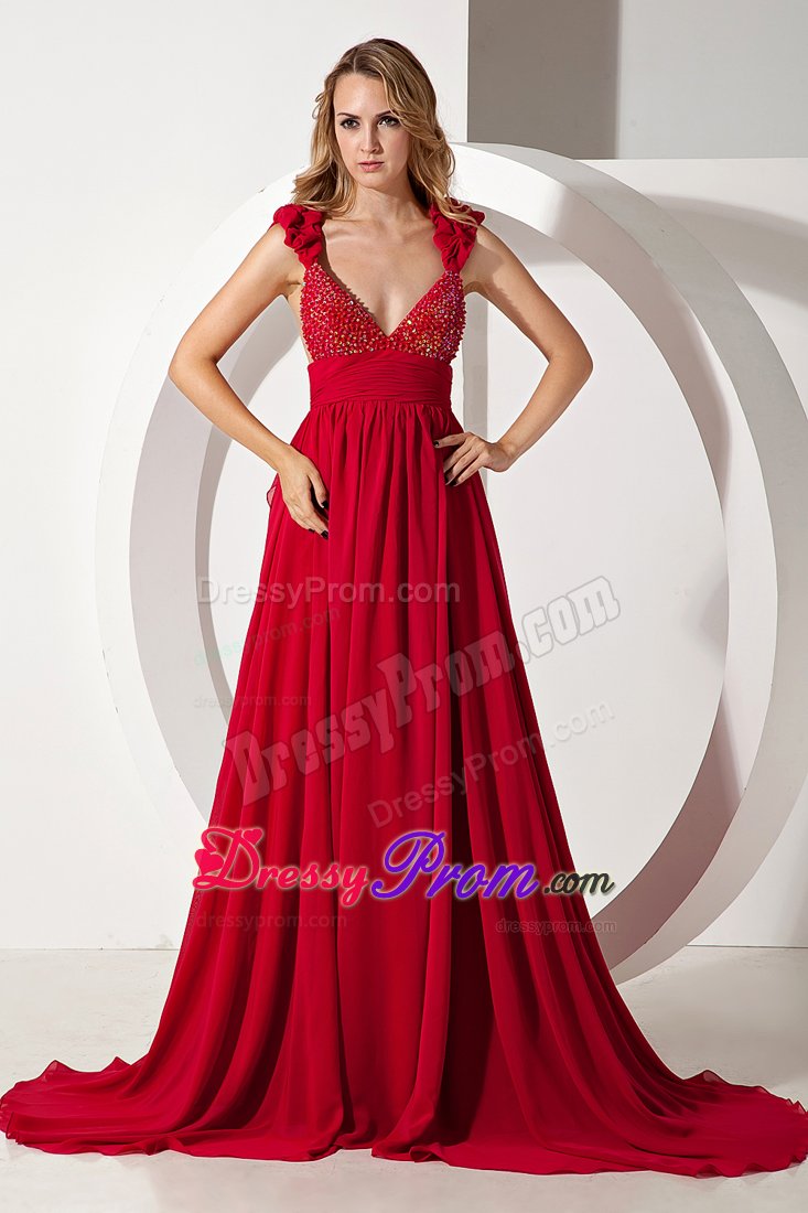 A-line Straps Red V-neck Brush Train Sequins Prom Dresses