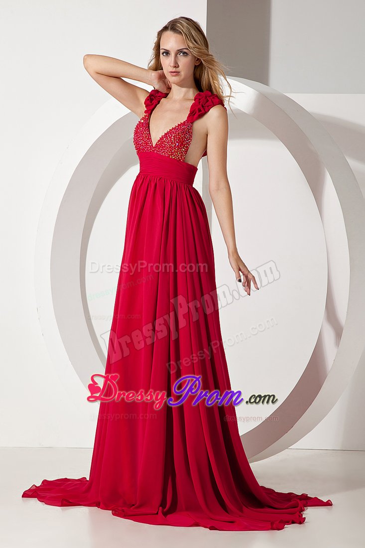A-line Straps Red V-neck Brush Train Sequins Prom Dresses