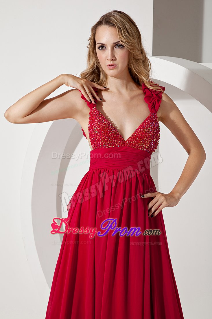 A-line Straps Red V-neck Brush Train Sequins Prom Dresses