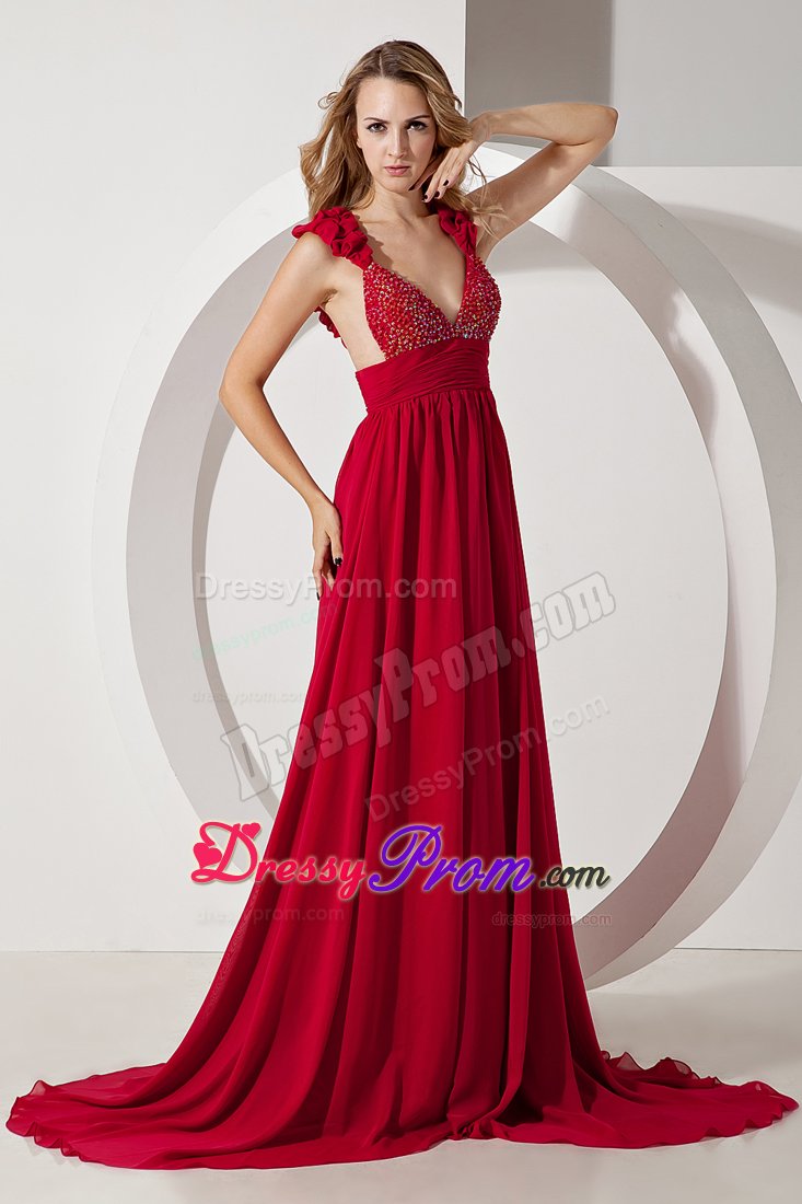 A-line Straps Red V-neck Brush Train Sequins Prom Dresses