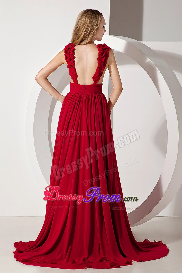 A-line Straps Red V-neck Brush Train Sequins Prom Dresses