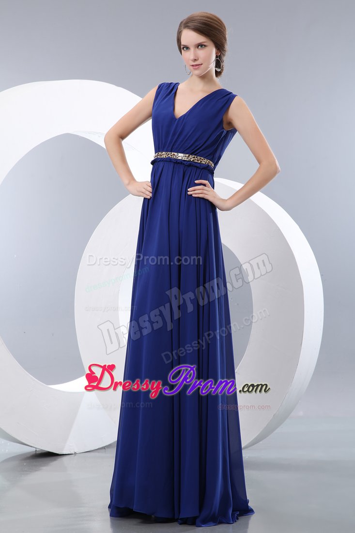 Prom Evening Dress Empire V-neck in Royal Blue with Belt