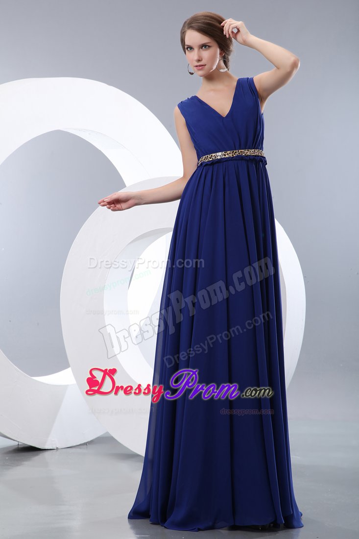 Prom Evening Dress Empire V-neck in Royal Blue with Belt