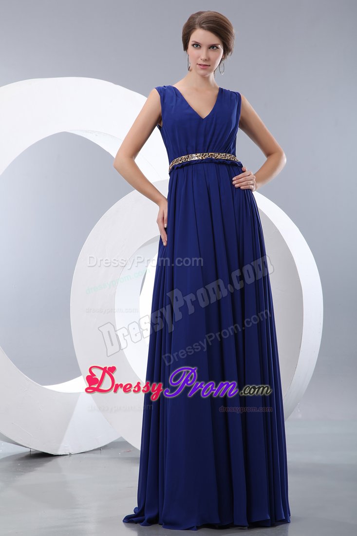 Prom Evening Dress Empire V-neck in Royal Blue with Belt