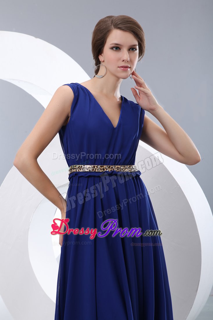 Prom Evening Dress Empire V-neck in Royal Blue with Belt