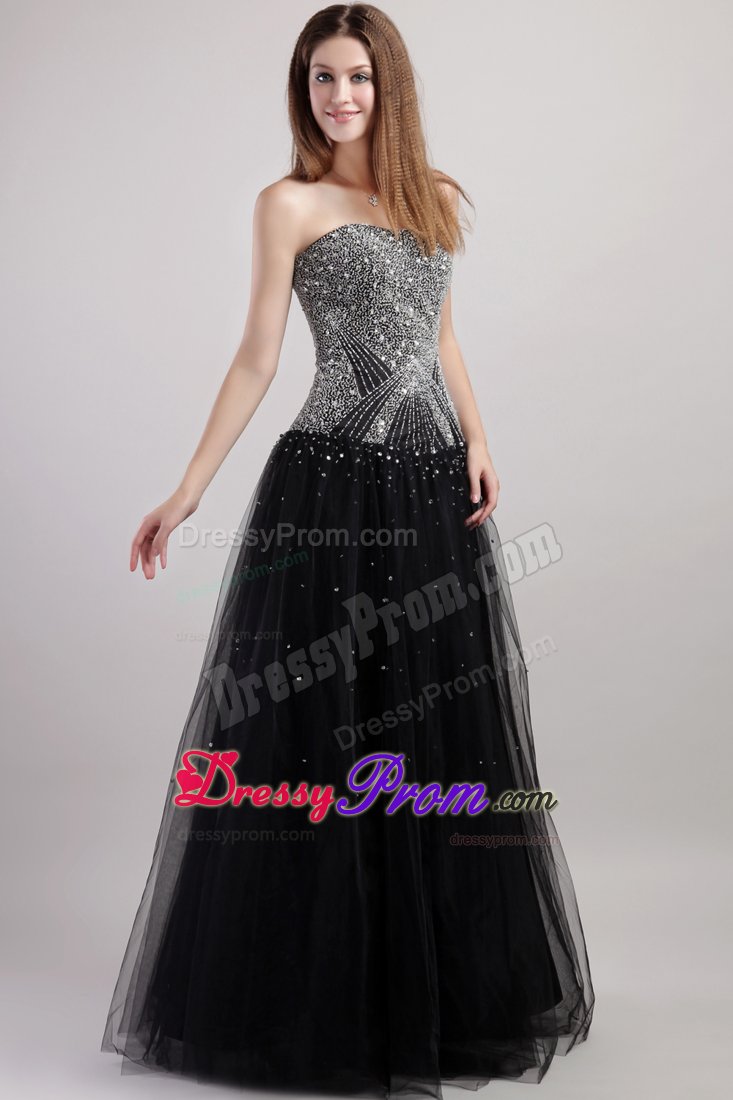 Black Beading Prom Graduation Dress for Strapless Floor-length