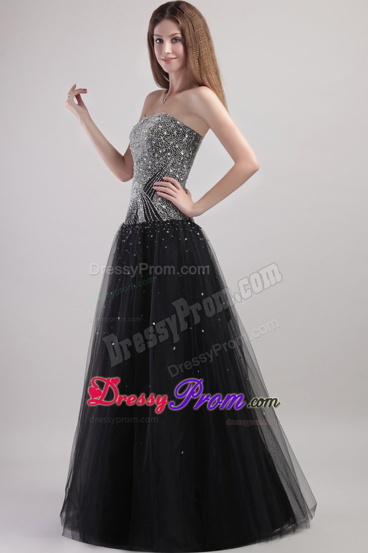 Black Beading Prom Graduation Dress for Strapless Floor-length