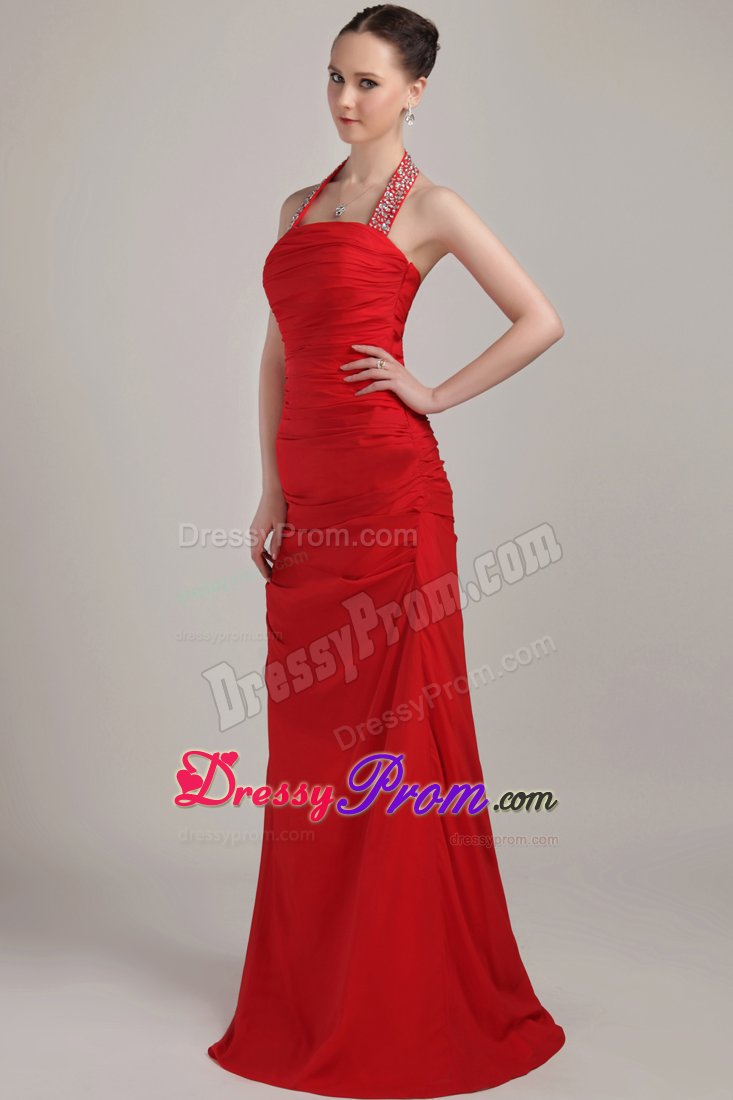 Red Beading Halter Floor-length Ruched Prom Evening Dress