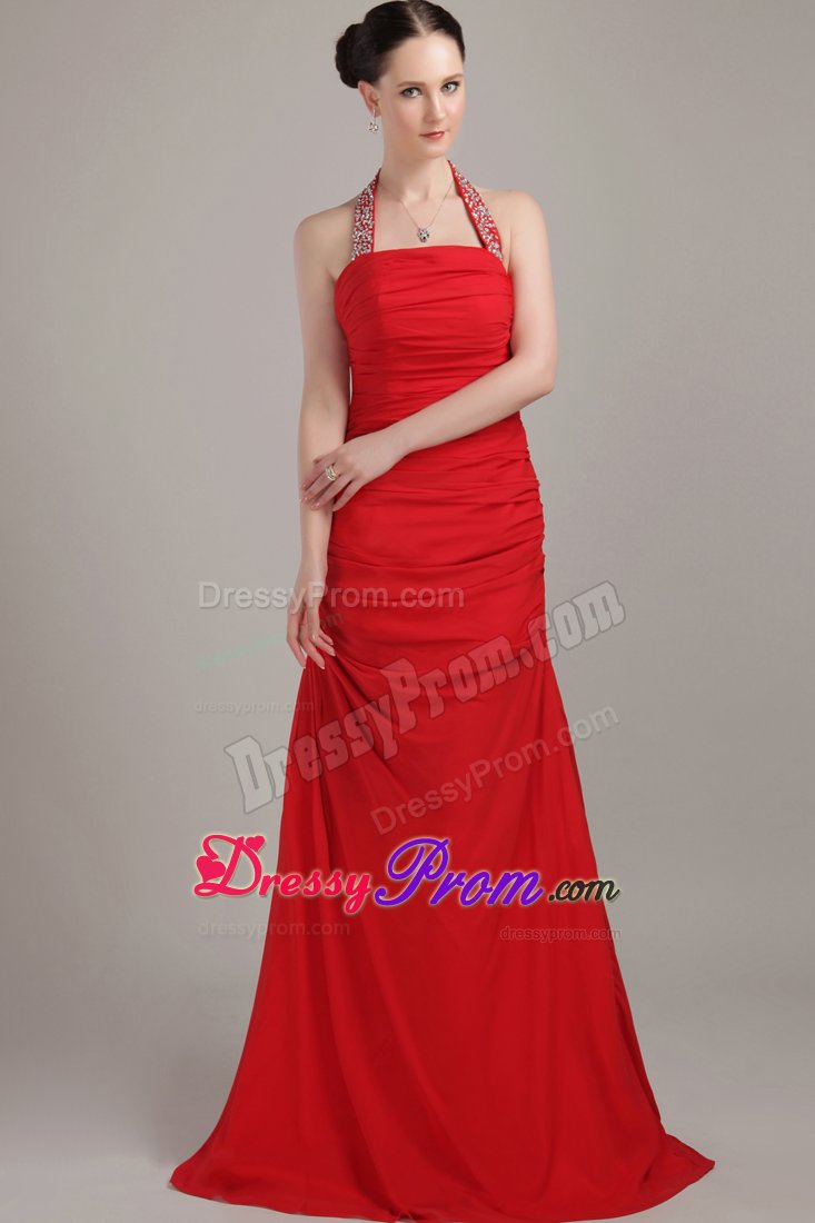 Red Beading Halter Floor-length Ruched Prom Evening Dress