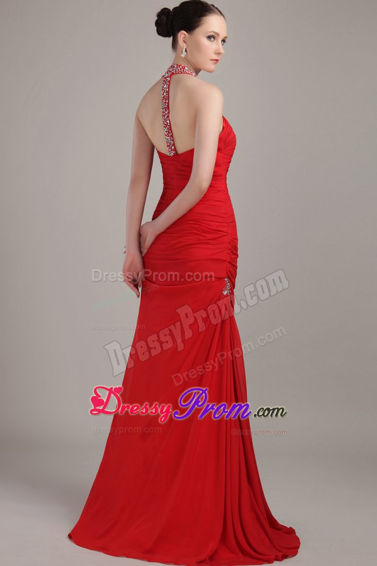 Red Beading Halter Floor-length Ruched Prom Evening Dress