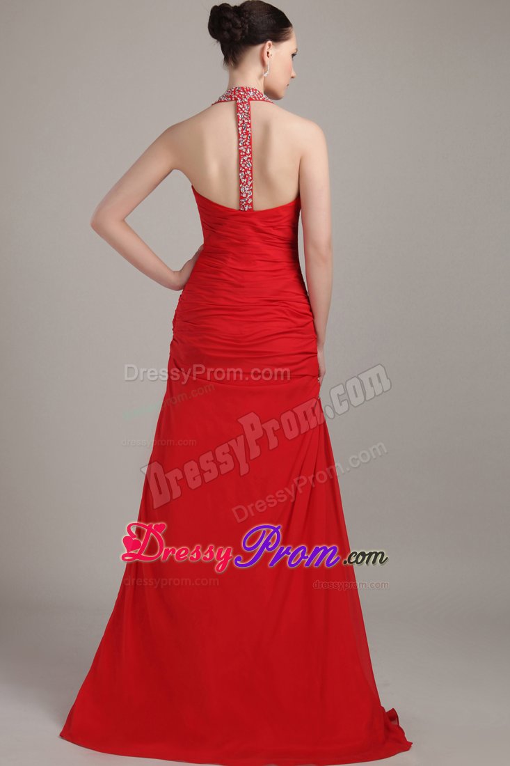 Red Beading Halter Floor-length Ruched Prom Evening Dress