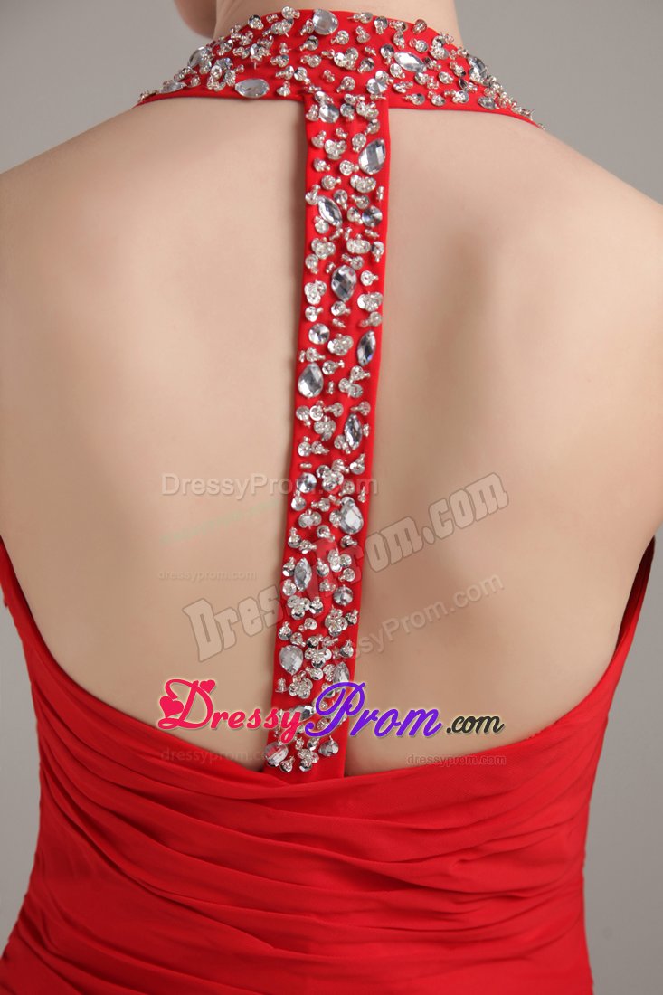 Red Beading Halter Floor-length Ruched Prom Evening Dress