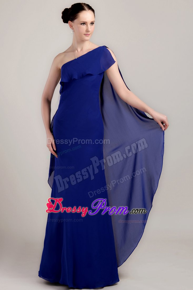 Blue Sheath One Shoulder Prom Celebrity Dress with Watteau Train