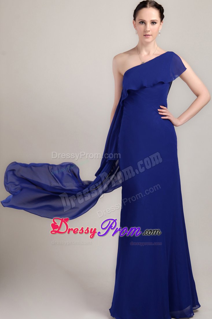 Blue Sheath One Shoulder Prom Celebrity Dress with Watteau Train