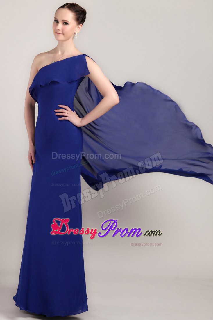 Blue Sheath One Shoulder Prom Celebrity Dress with Watteau Train
