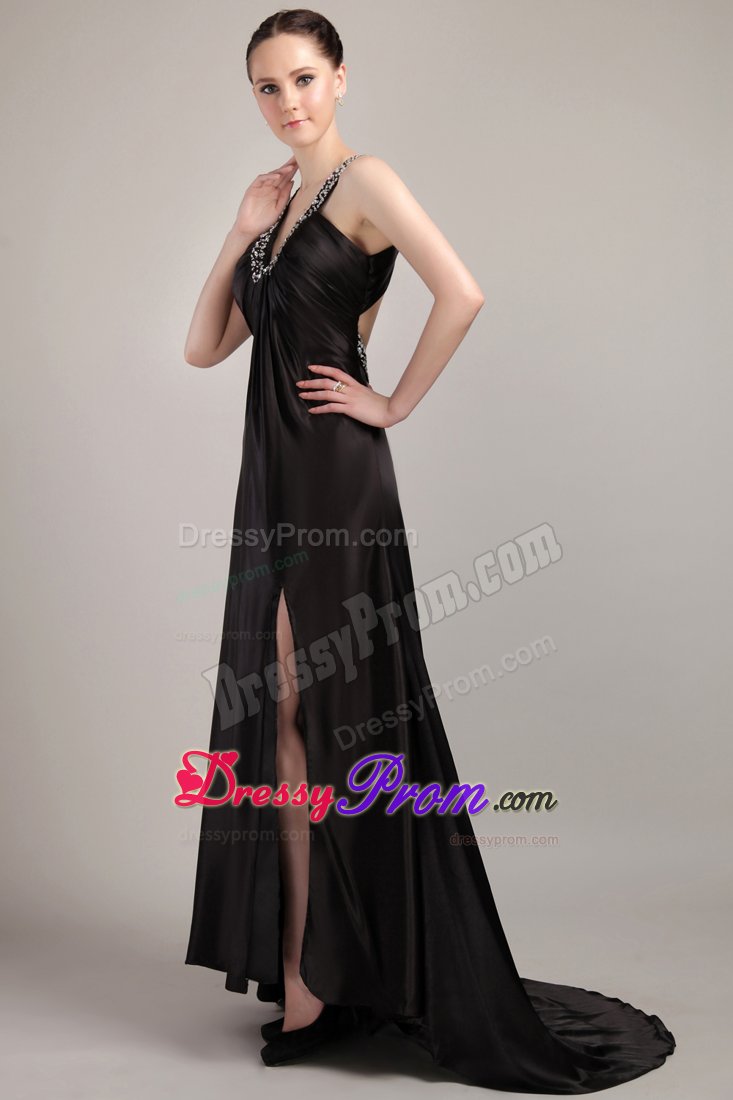 Black Empire Beading V-neck Sweep / Brush Prom Dresses