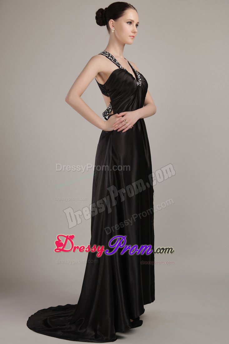 Black Empire Beading V-neck Sweep / Brush Prom Dresses