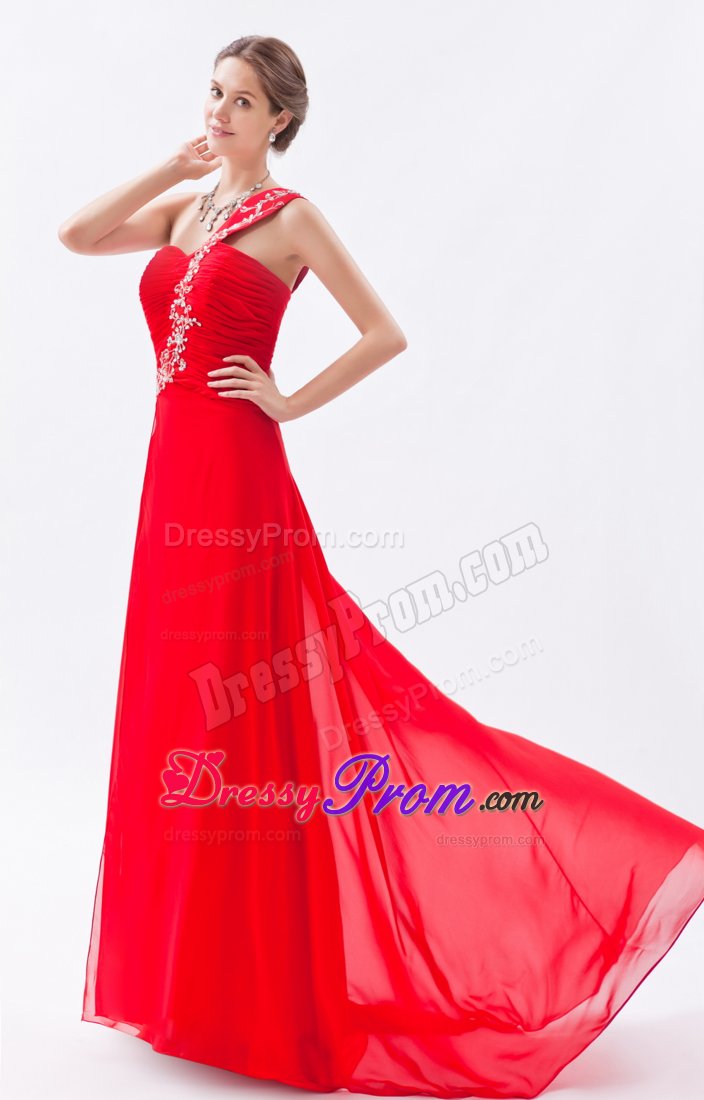 Red Appliques One Shoulder Beading Prom Dress in Chiffon